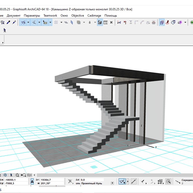 Разработка индивидуального 3D проекта монолитной лестницы из бетона в частный дом